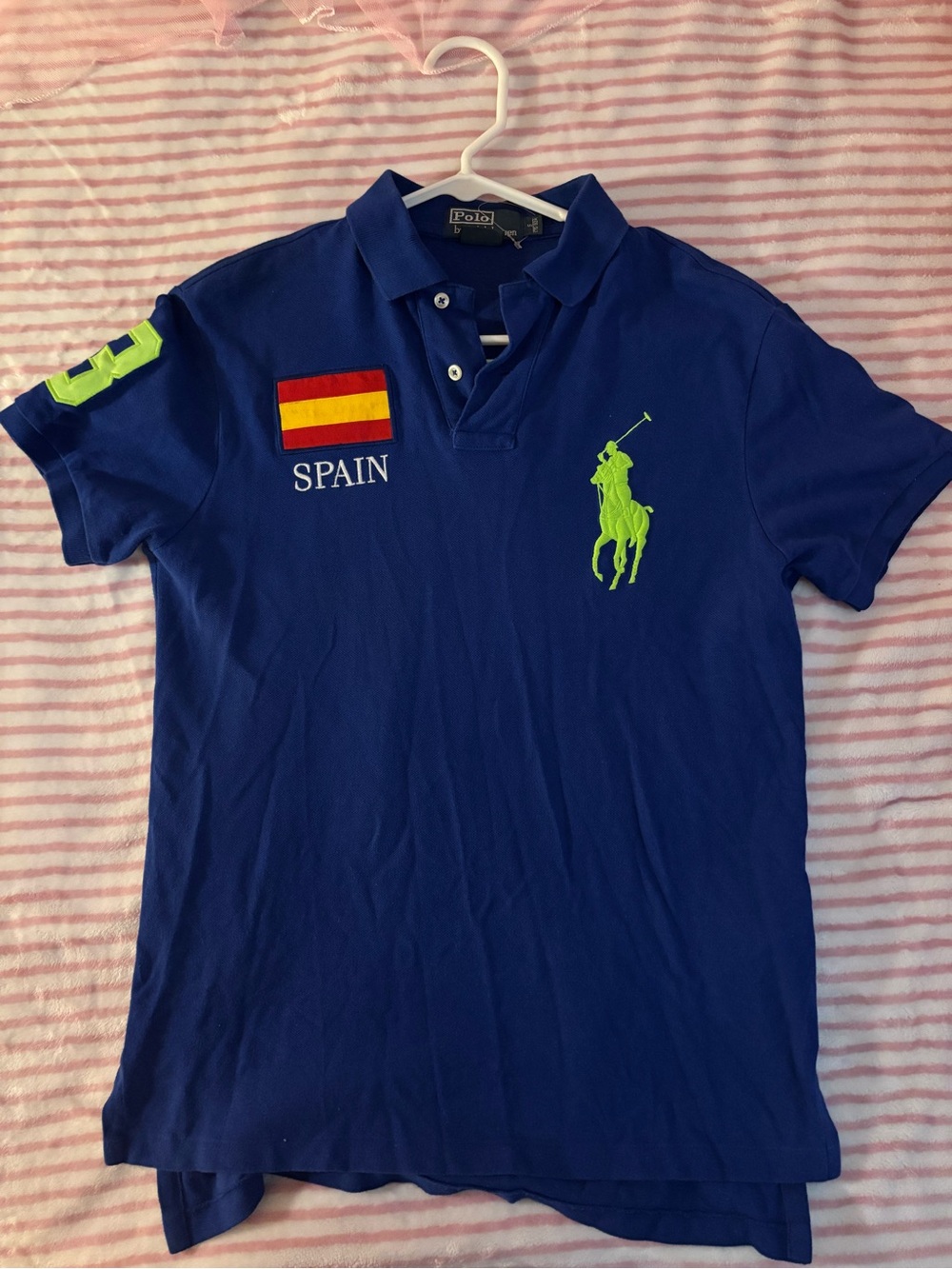 Polo by Ralph Lauren Blue Polo with Neon Green Logo & Spain Patch